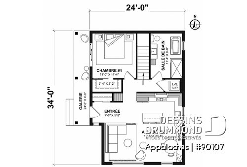 Rez-de-chaussée - Entrée de côté avec vue en façade, 1 à 3 chambres, grande galerie, buanderie au rdc - Appalaches