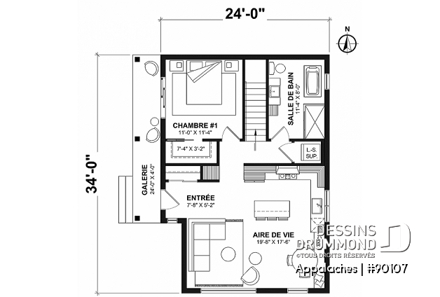 Rez-de-chaussée - Entrée de côté avec vue en façade, 1 à 3 chambres, grande galerie, buanderie au rdc - Appalaches