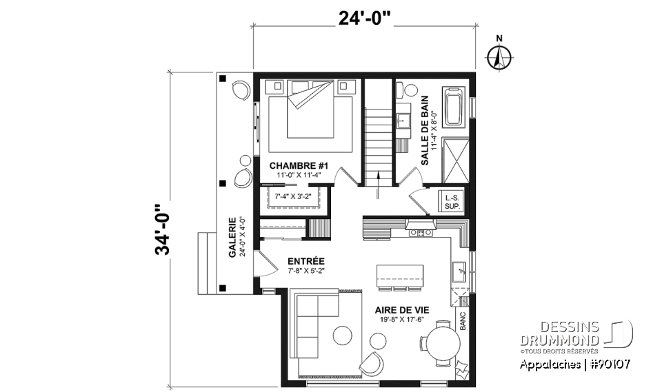 Rez-de-chaussée - Plan de chalet ou petite maison éco-responsable, 1 à 3 chambres, galerie abritée, s-sol aménagé optionnel ($) - Appalaches