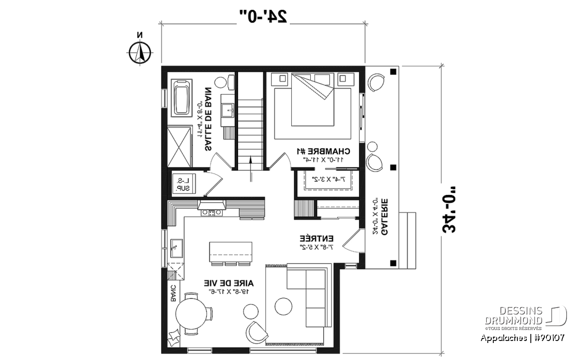 Rez-de-chaussée - Plan de chalet ou petite maison éco-responsable, 1 à 3 chambres, galerie abritée, s-sol aménagé optionnel ($) - Appalaches