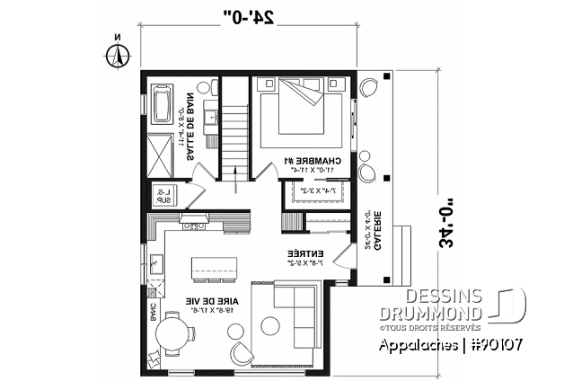Rez-de-chaussée - Plan de chalet ou petite maison éco-responsable, 1 à 3 chambres, galerie abritée, s-sol aménagé optionnel ($) - Appalaches