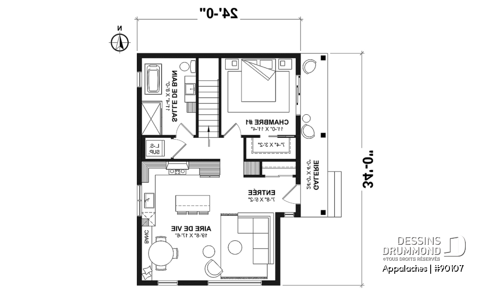 Rez-de-chaussée - Plan de chalet ou petite maison éco-responsable, 1 à 3 chambres, galerie abritée, s-sol aménagé optionnel ($) - Appalaches