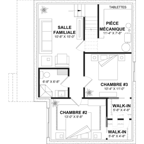 Sous-sol aménagé - Plan de chalet ou petite maison éco-responsable, 1 à 3 chambres, galerie abritée, s-sol aménagé optionnel ($) - Appalaches