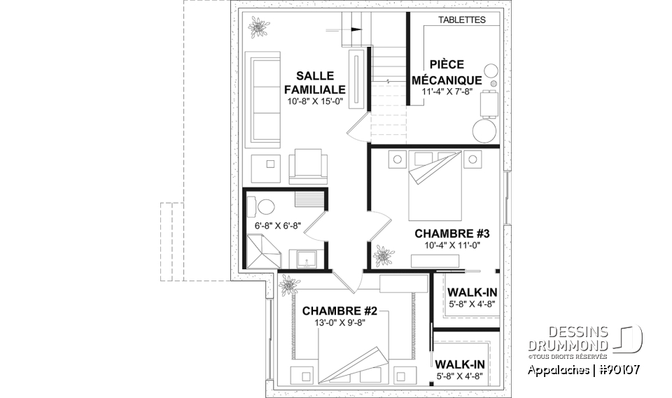 Sous-sol aménageable (Optionel $) - Plan de chalet ou petite maison éco-responsable, 1 à 3 chambres, galerie abritée, s-sol aménagé optionnel ($) - Appalaches