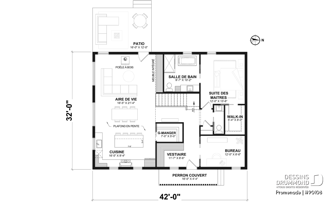 Rez-de-chaussée - Plan de maison éco-responsable, 1 à 3 chambres + bureau, sous-sol aménagé (optionel $) - Promenade