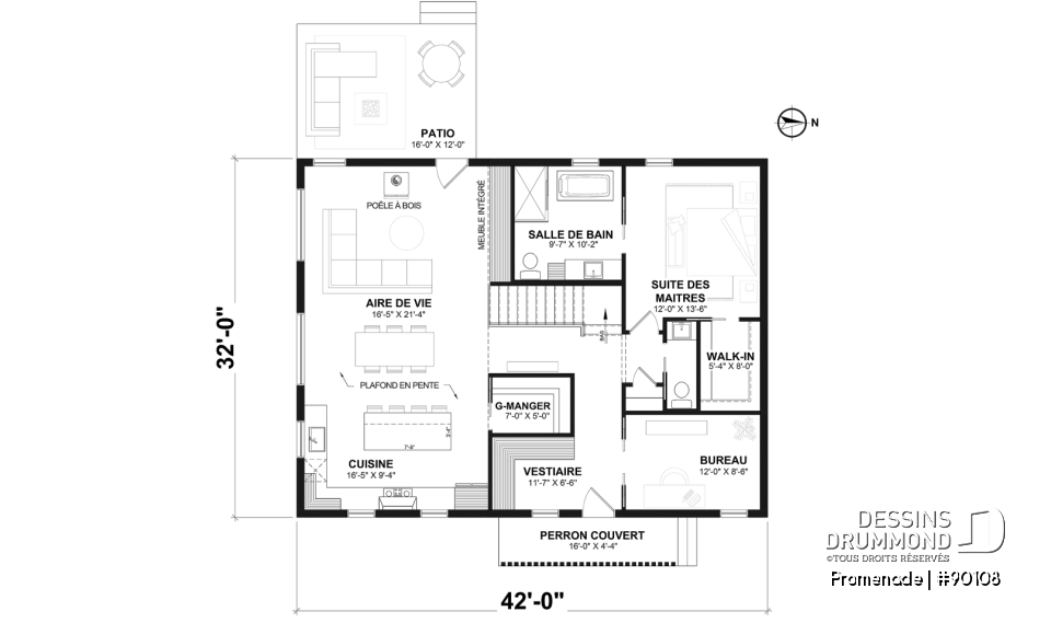 Rez-de-chaussée - Plan de maison éco-responsable, 1 à 3 chambres + bureau, sous-sol aménagé (optionel $) - Promenade