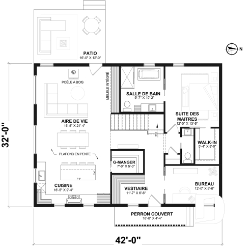 Rez-de-chaussée - Plan de maison éco-responsable, 1 à 3 chambres + bureau, sous-sol aménagé (optionel $) - Promenade