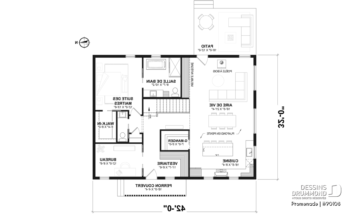 Rez-de-chaussée - Plan de maison éco-responsable, 1 à 3 chambres + bureau, sous-sol aménagé (optionel $) - Promenade