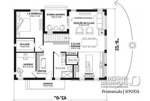 Rez-de-chaussée - Plan de maison écologique, 1 à 5 chambres + bureau, salon et salle familiale, chute à linge, pièce secrète  - Promenade