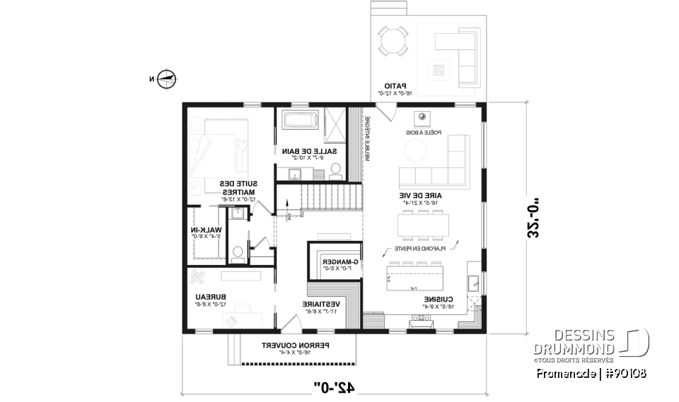 Rez-de-chaussée - Plan de maison éco-responsable, 1 à 3 chambres + bureau, sous-sol aménagé (optionel $) - Promenade