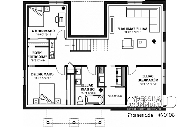 Sous-sol - Plan de maison écologique, 1 à 5 chambres + bureau, salon et salle familiale, chute à linge, pièce secrète  - Promenade