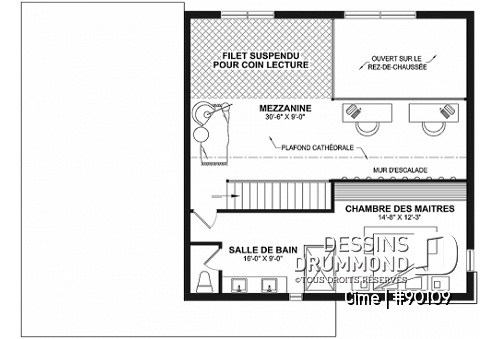 Étage - Plan de maison original avec coin lecture sur filet suspendu au dessus du salon et mur d'escalade - Cime