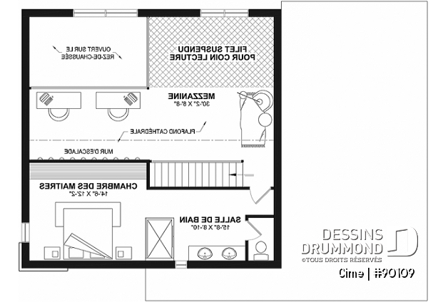 Étage - Plan de maison original avec coin lecture sur filet suspendu au dessus du salon et mur d'escalade - Cime