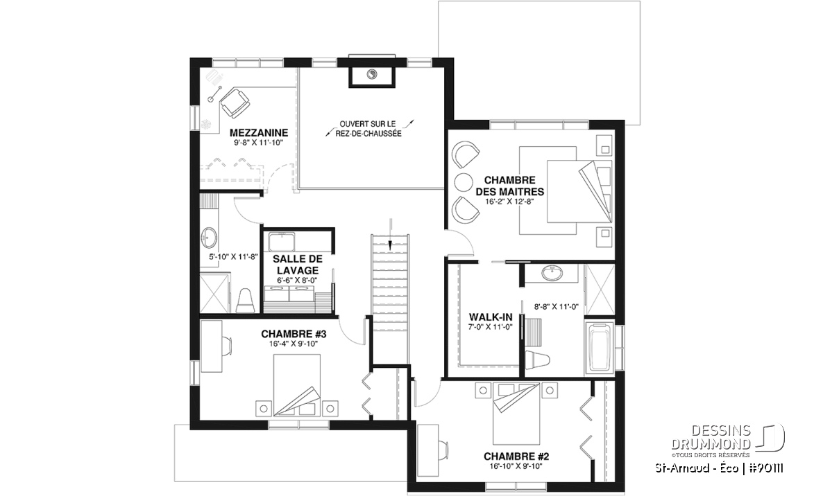 Étage - Plan éco-responsable de style Farmhouse, 3 à 4 chambres, bureau, garage et belle terrasse abritée - St-Arnaud - Éco
