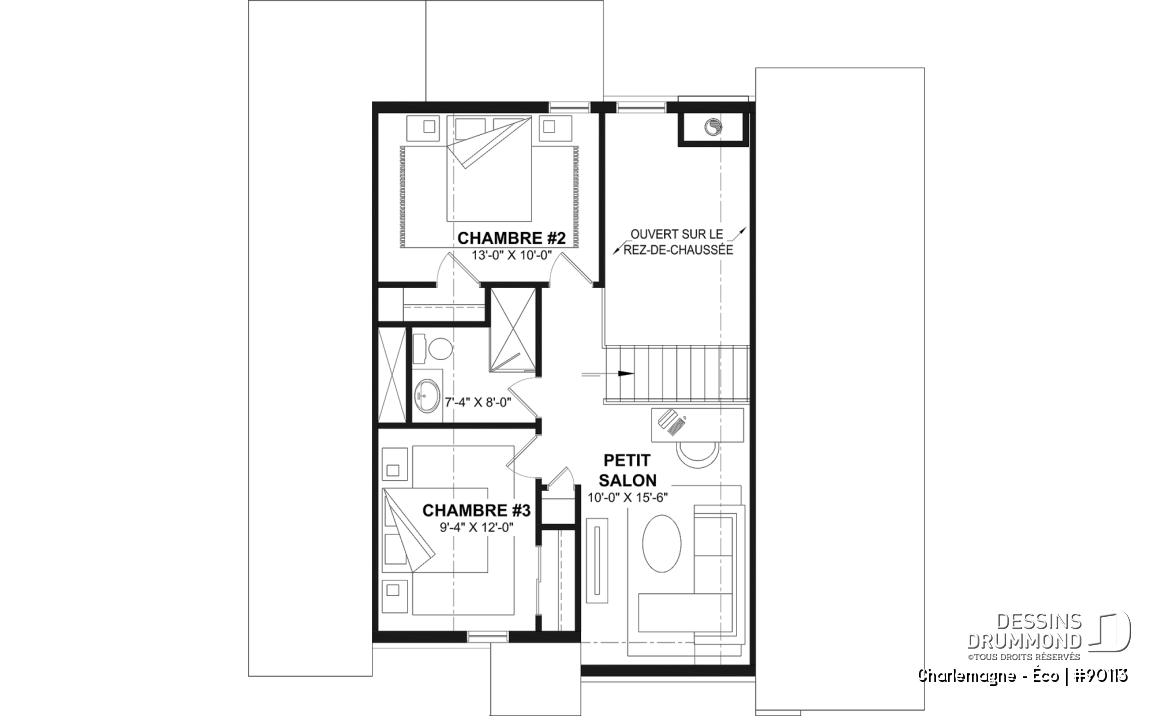 Étage - Plan de chalet éco-responsable, vue panoramique, 3 à 5 chambres, cathédral, sous-sol aménagé (*optionnel $) - Charlemagne - Éco