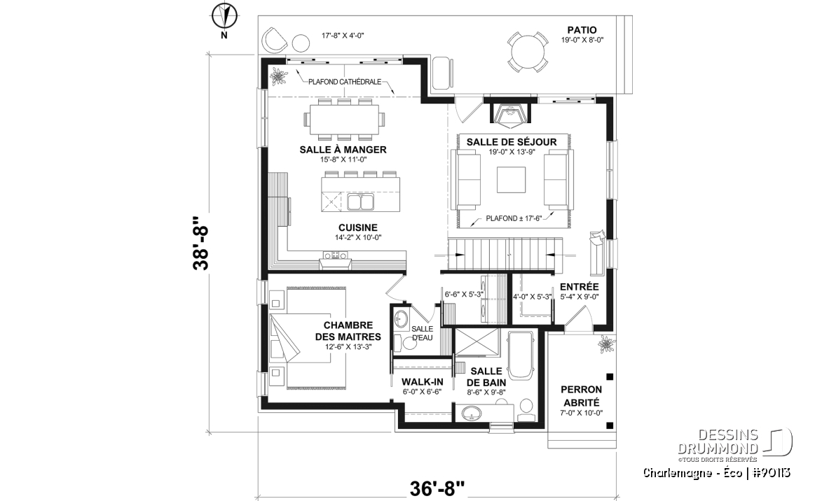 Rez-de-chaussée - Plan de chalet éco-responsable, vue panoramique, 3 à 5 chambres, cathédral, sous-sol aménagé (*optionnel $) - Charlemagne - Éco