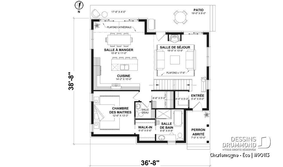 Rez-de-chaussée - Plan de chalet éco-responsable, vue panoramique, 3 à 5 chambres, cathédral, sous-sol aménagé (*optionnel $) - Charlemagne - Éco