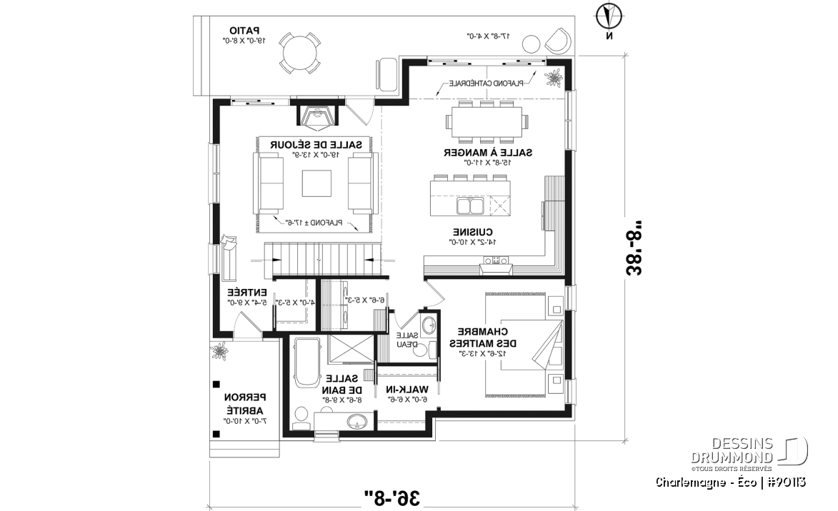 Rez-de-chaussée - Plan de chalet éco-responsable, vue panoramique, 3 à 5 chambres, cathédral, sous-sol aménagé (*optionnel $) - Charlemagne - Éco