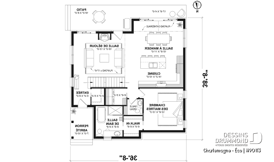 Rez-de-chaussée - Plan de chalet éco-responsable, vue panoramique, 3 à 5 chambres, cathédral, sous-sol aménagé (*optionnel $) - Charlemagne - Éco