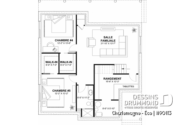 Sous-sol aménagé - Plan de chalet offrant vue panoramique, chambre principale au rez-de-chaussée et plafond cathédral - Charlemagne - Éco