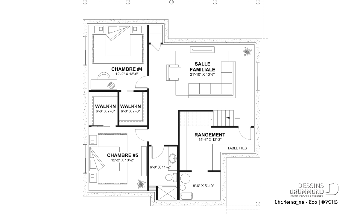 Sous-sol aménagé (Optionel $) - Plan de chalet éco-responsable, vue panoramique, 3 à 5 chambres, cathédral, sous-sol aménagé (*optionnel $) - Charlemagne - Éco