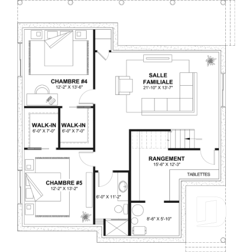 Sous-sol aménagé (Optionel $) - Plan de chalet éco-responsable, vue panoramique, 3 à 5 chambres, cathédral, sous-sol aménagé (*optionnel $) - Charlemagne - Éco