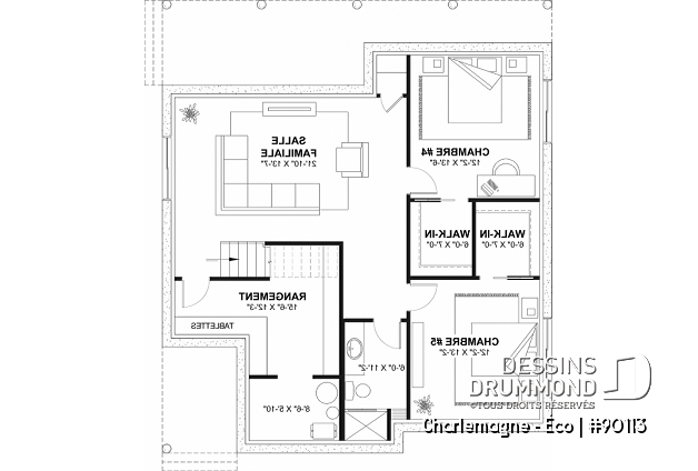 Sous-sol aménagé (Optionel $) du plan de maison unifamiliale 90113 Sous-sol aménagé (Optionel $) - Plan de chalet éco-responsable, vue panoramique, 3 à 5 chambres, cathédral, sous-sol aménagé (*optionnel $) - Charlemagne - Éco