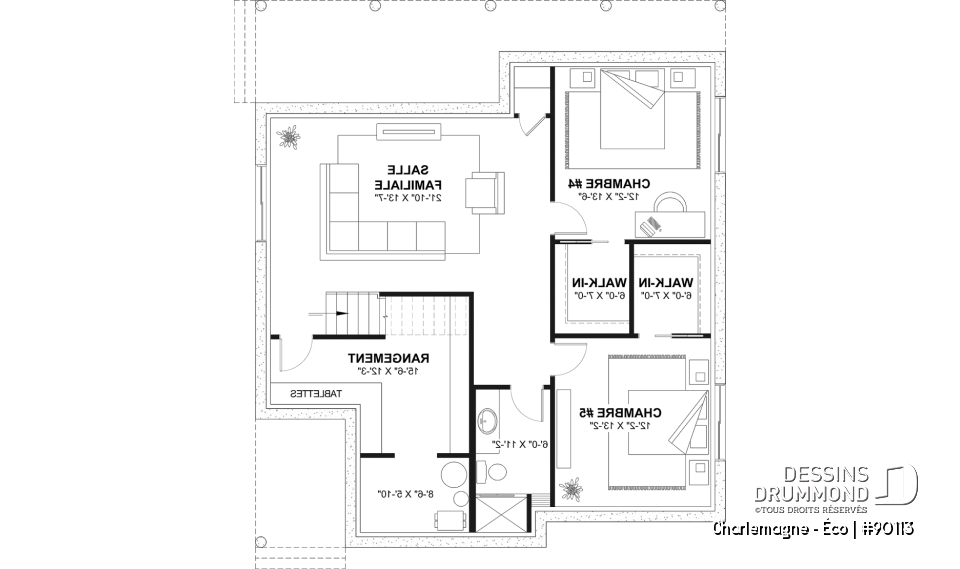 Sous-sol aménagé (Optionel $) - Plan de chalet éco-responsable, vue panoramique, 3 à 5 chambres, cathédral, sous-sol aménagé (*optionnel $) - Charlemagne - Éco