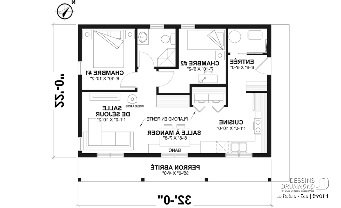 Rez-de-chaussée - Plan de petit chalet éco-responsable et abordable avec vue panoramique et 2 chambres - Le Relais - Éco