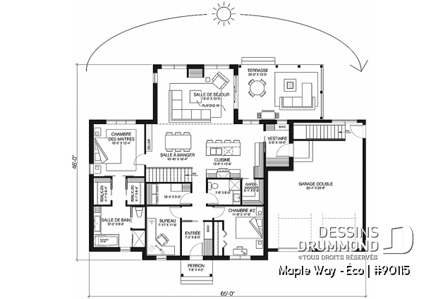Rez-de-chaussée - Plan de plain-pied Farmhouse 2 chambres + bureau, garage double, vestiaire, garde-manger - Maple Way - Éco