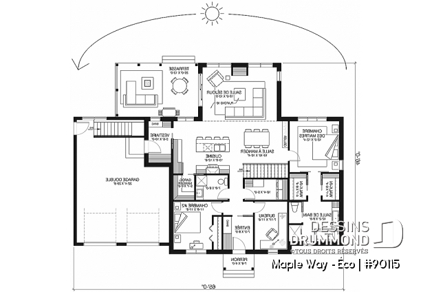 Rez-de-chaussée - Plan de plain-pied Farmhouse 2 chambres + bureau, garage double, vestiaire, garde-manger - Maple Way - Éco