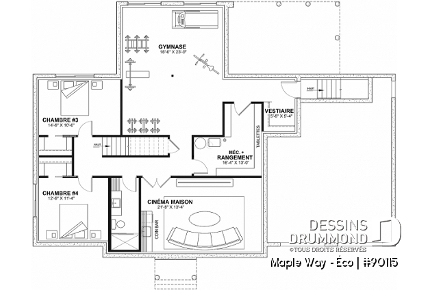 Sous-sol aménagé - Plain-pied Farmhouse éco-responsable 2 à 5 chambres, bureau, garage double, sous-sol aménagé (optionnel $) - Maple Way - Éco