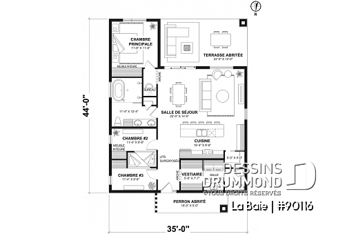 Rez-de-chaussée - Plan de plain-pied écologique 3 chambres, vestiaire, aire ouverte au secteur activités, terrasse abritée - La Baie