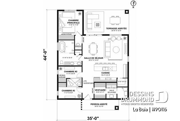 Rez-de-chaussée - Plan de plain-pied écologique 3 chambres, vestiaire, aire ouverte au secteur activités, terrasse abritée - La Baie