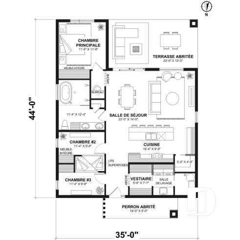 Rez-de-chaussée - Plan de plain-pied éco-responsable 3 chambres, vestiaire, aire ouverte au secteur activités, terrasse abritée - La Baie