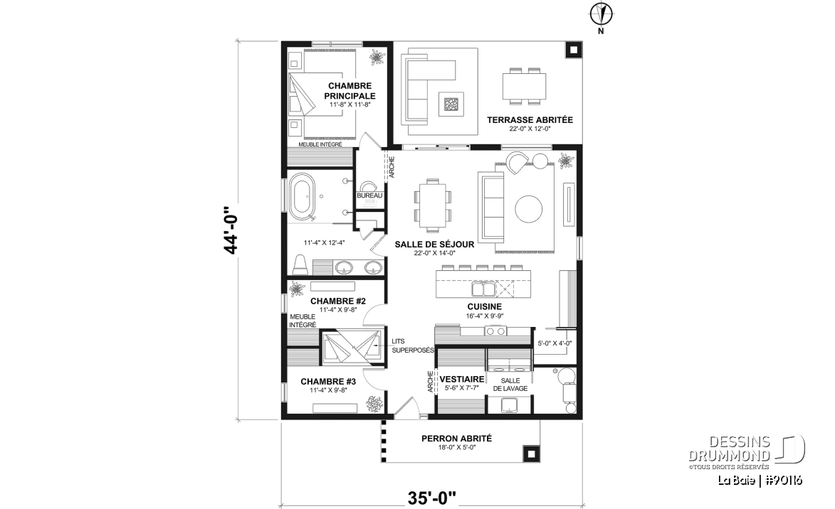 Rez-de-chaussée - Fondation dalle - Plan de plain-pied éco-responsable 3 chambres, vestiaire, aire ouverte au secteur activités, terrasse abritée - La Baie