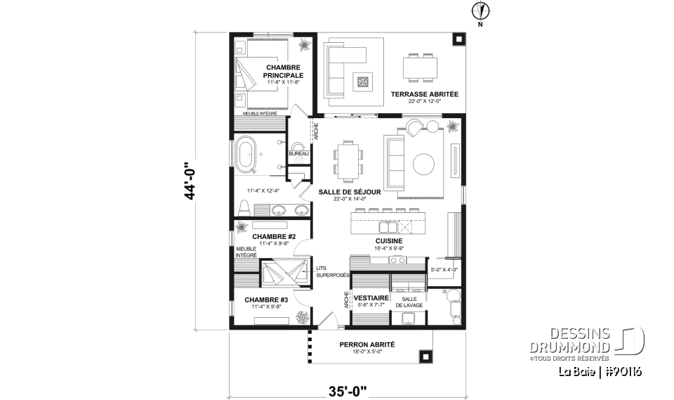 Rez-de-chaussée - Fondation dalle - Plan de plain-pied éco-responsable 3 chambres, vestiaire, aire ouverte au secteur activités, terrasse abritée - La Baie