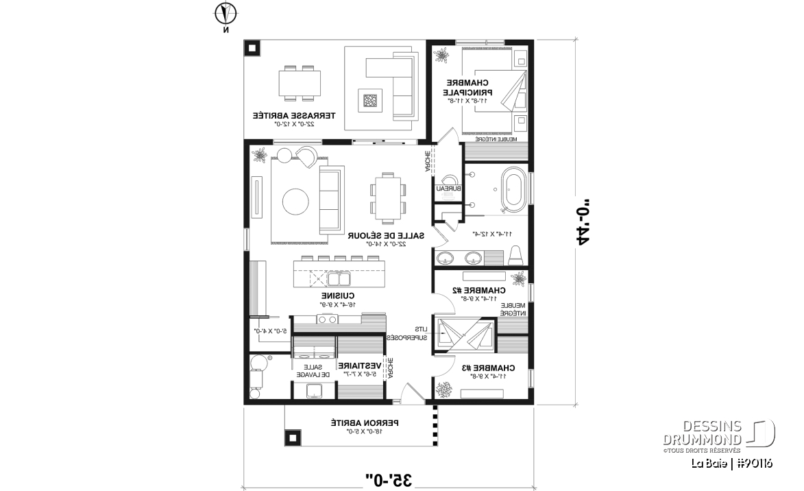 Rez-de-chaussée - Fondation dalle - Plan de plain-pied éco-responsable 3 chambres, vestiaire, aire ouverte au secteur activités, terrasse abritée - La Baie