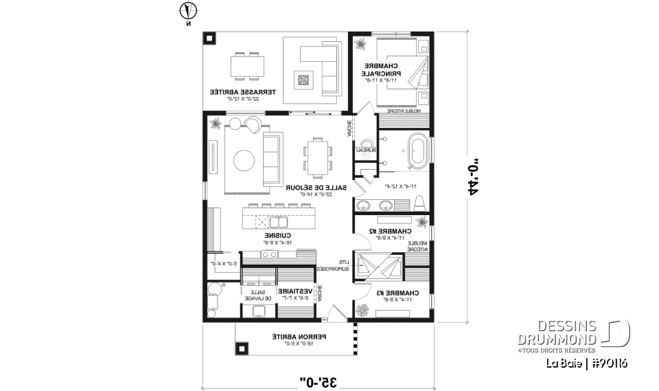 Rez-de-chaussée - Fondation dalle - Plan de plain-pied éco-responsable 3 chambres, vestiaire, aire ouverte au secteur activités, terrasse abritée - La Baie