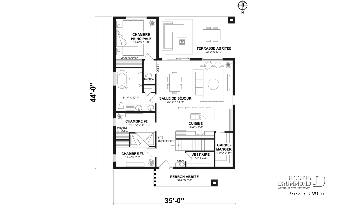 Rez-de-chaussée - Fondation sous-sol (Optionel $) - Plan de plain-pied éco-responsable 3 chambres, vestiaire, aire ouverte au secteur activités, terrasse abritée - La Baie