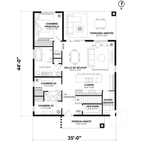 Rez-de-chaussée - Fondation sous-sol (Optionel $) - Plan de plain-pied éco-responsable 3 chambres, vestiaire, aire ouverte au secteur activités, terrasse abritée - La Baie