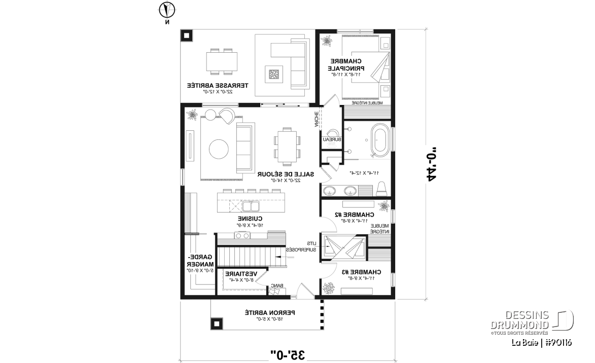 Rez-de-chaussée - Fondation sous-sol (Optionel $) - Plan de plain-pied éco-responsable 3 chambres, vestiaire, aire ouverte au secteur activités, terrasse abritée - La Baie