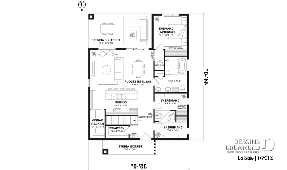 Rez-de-chaussée - Fondation sous-sol (Optionel $) - Plan de plain-pied éco-responsable 3 chambres, vestiaire, aire ouverte au secteur activités, terrasse abritée - La Baie