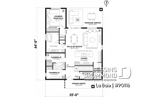 Rez-de-chaussée option 1 - Plan de plain-pied écologique 3 chambres, vestiaire, aire ouverte au secteur activités, terrasse abritée - La Baie