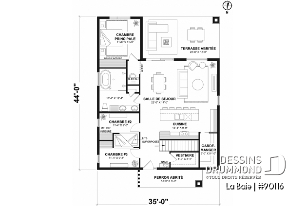 Rez-de-chaussée option 1 - Plan de plain-pied écologique 3 chambres, vestiaire, aire ouverte au secteur activités, terrasse abritée - La Baie