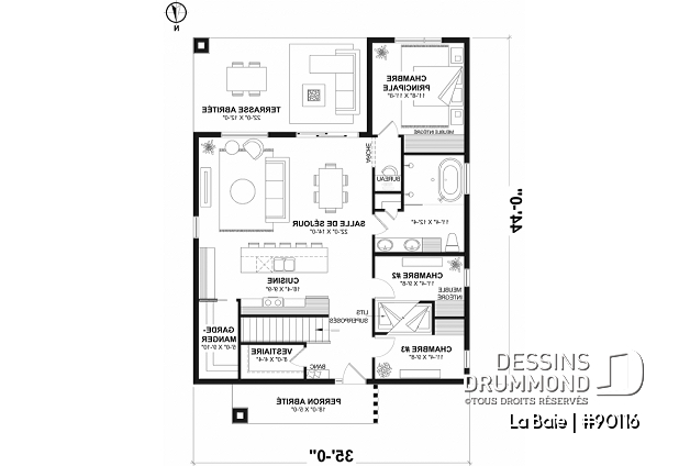 Rez-de-chaussée option 1 - Plan de plain-pied éco-responsable 3 chambres, vestiaire, aire ouverte au secteur activités, terrasse abritée - La Baie