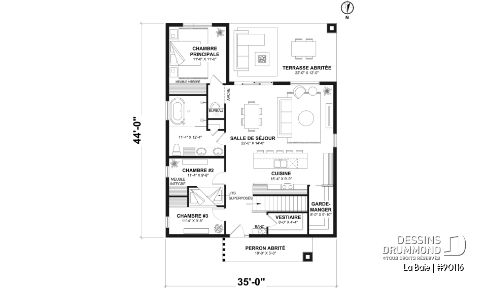 Rez-de-chaussée (Optionel $) - Plan de plain-pied éco-responsable 3 chambres, vestiaire, aire ouverte au secteur activités, terrasse abritée - La Baie
