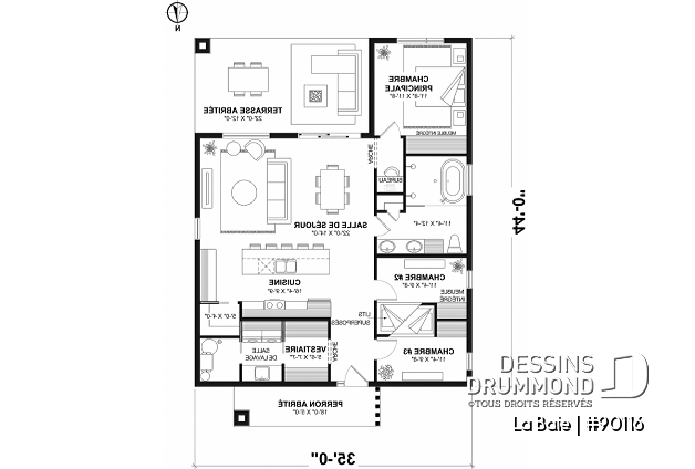Rez-de-chaussée - Plan de plain-pied éco-responsable 3 chambres, vestiaire, aire ouverte au secteur activités, terrasse abritée - La Baie