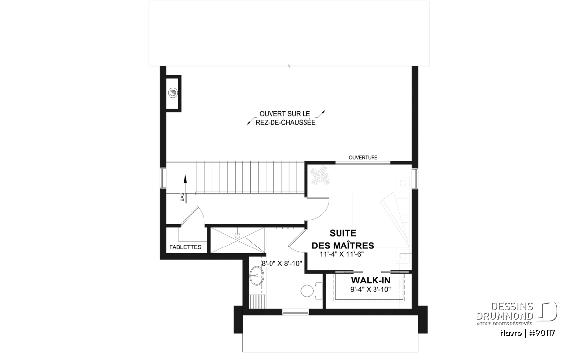 Étage - Plan de maison Scandinave éco-responsable, suite des maîtres sur mezzanine, vestiaire et garde-manger - Havre