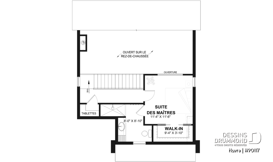 Étage - Plan de maison Scandinave éco-responsable, suite des maîtres sur mezzanine, vestiaire et garde-manger - Havre